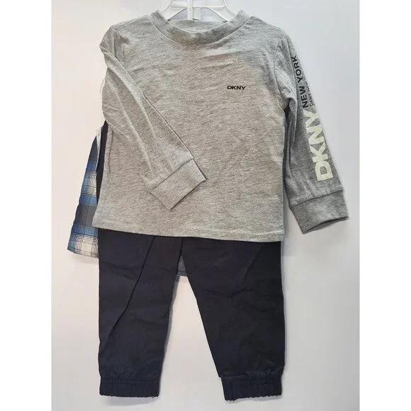 DKNY‎  Size 2T Set Of 3, Plaid Blue Vest/ Black Pants/ Grey Long Sleeve Printed - Picture 2 of 13